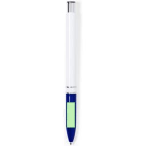 A plastic pen featuring a white body and a blue lower section, with a branding logo on the barrel.