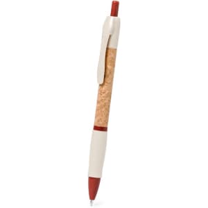 A pen with a cork body and red accents, featuring a white grip and clip. It has a logo on the surface.