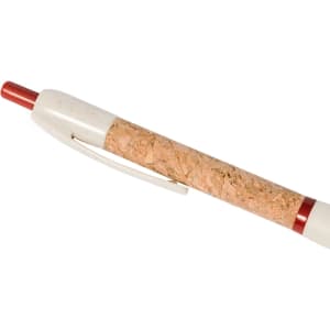 A pen with a white barrel and a cork grip, featuring a red retractable tip. Includes a branding logo.