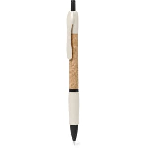 A pen featuring a cork barrel with a white clip and grip, and a black tip. It has a logo on its body.
