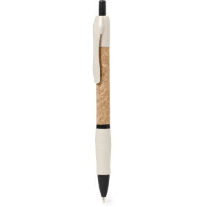 A cork and white pen with a black tip and a clip, featuring a logo on its design.