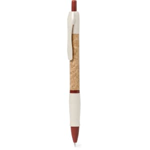 A pen with a cork body, white grip, and red accents, featuring a clip and a branded logo.