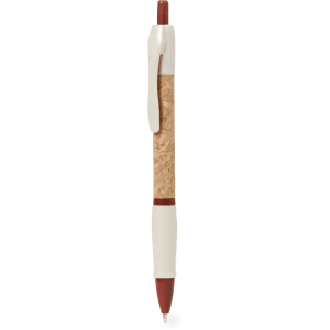 A pen featuring a cork body, white accents, and a red tip. It includes a clip and has a logo present.