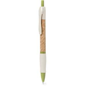A pen featuring a cork body with green accents and a white grip, complete with a logo.