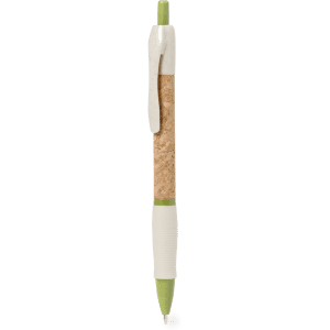 A green and cream pen with a cork barrel and a white grip, featuring a clip and a brand logo.