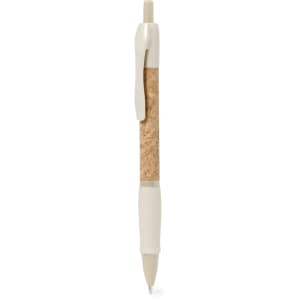 A pen featuring a cork grip and a white barrel, with a clip and a matching tip.