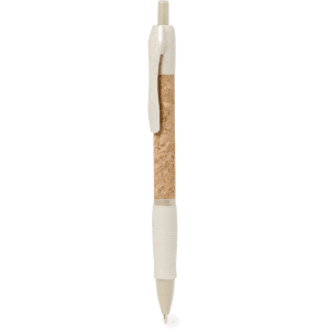 A pen featuring a cork body and white accents, designed for writing. It includes a clip and smooth tip.