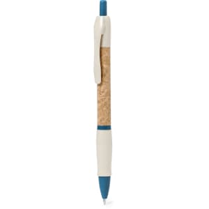 A pen featuring a cork body with a blue clip and white accents, designed for writing.