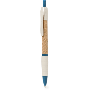 A pen with a cork body, white grip, and blue accents. The pen features a clip and has a logo.