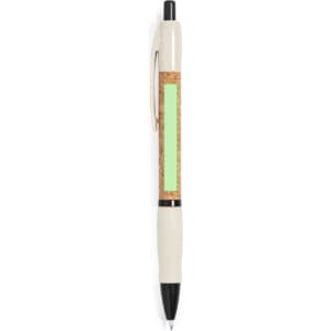 A cream-coloured pen with a textured cork body and a green section, featuring a black tip and grip.