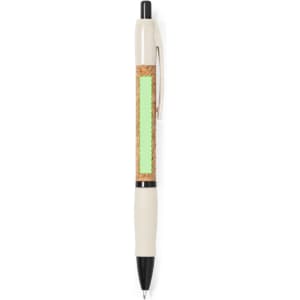 A pen featuring a beige body with a cork grip and a green accent. It has a black clip and a branding logo.