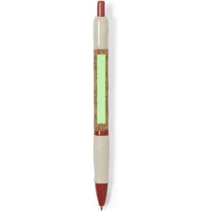 A pen with a cork barrel, red accents, and a rubber grip, featuring a logo on its side.
