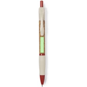A red and beige pen with a textured grip, featuring a green section and a branding logo.