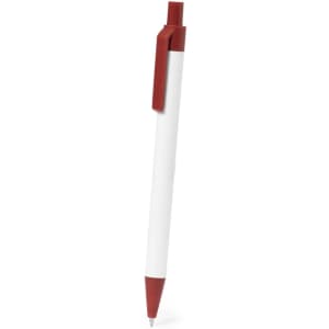 A red and white pen with a clip and a smooth writing tip, featuring branding on its body.