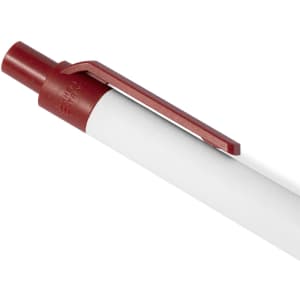 A red and white pen with a clip and a smooth barrel, featuring a simple design and a logo on the side.