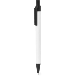 A white pen with a black clip and tip, featuring a branding logo.