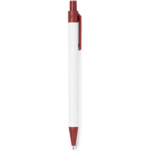 A pen featuring a white body and a maroon clip and tip, with a logo present on the body.