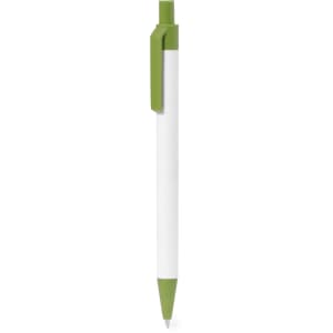 A white pen with a green clip and barrel. The pen features a logo on its body.