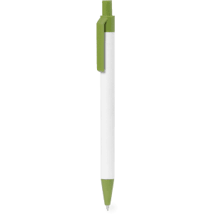 A white pen with a green clip and tip, featuring a logo on its surface.