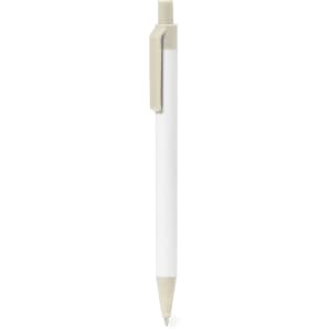 A white pen with a beige clip; features a logo on the barrel. Ideal for writing and promotional use.