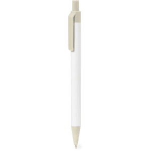 A white pen with a beige clip and tip, featuring a simple design and a sleek appearance.