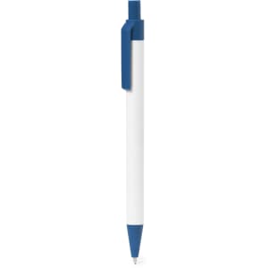 A pen with a blue cap and tip, featuring a white barrel and a clip. The pen has a logo on it.