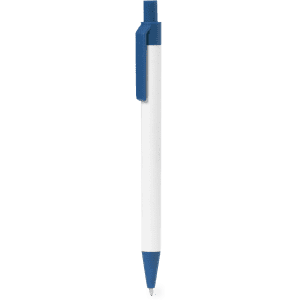 A blue and white pen featuring a clip and a rubber grip, with a branding logo on the side.