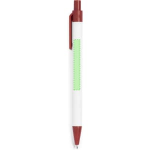 A white pen with a brown clip and tip, featuring a green section for customisation. It has a logo on its body.