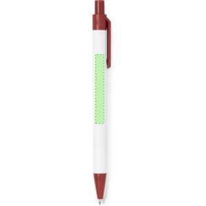 A white pen with a red tip and clip, featuring a green highlight area for personalisation.