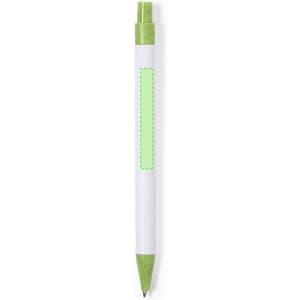 A green and white pen with a branding area on the side and a green cap at the top.