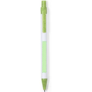 A green and white pen with a logo, featuring a green clip and tip.