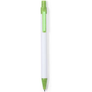 A green and white pen with a clip, featuring a simple and sleek design. It has a brand logo on it.