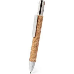 A pen featuring a cork barrel and a white top, with a clip and black tip, accompanied by branding.