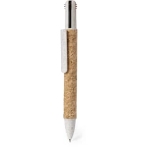 A pen with a white body, cork grip, and a silver clip, featuring a logo on the body.
