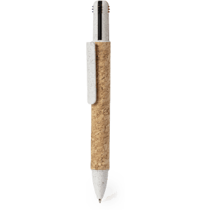 A cork and white pen with a metal clip and tip, featuring a simple design and a natural finish.