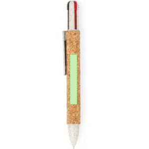 A cork-textured pen with a green band, featuring a clip and a multi-colour ink cartridge.