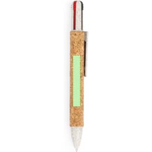 A pen featuring a cork body, a white tip, and red and black ink options. It includes a clip and branding.