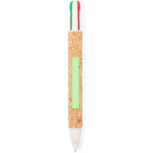 A cork pen with green and red decorative elements, featuring a distinctive logo on the surface.