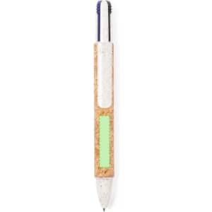 A cork pen with blue and black ink refills, featuring a green accent and a branding logo.