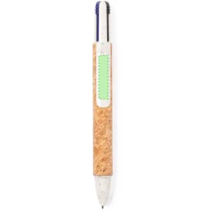 A cork-finish pen with a blue and white tip, featuring a green accent in the middle and a branding logo.