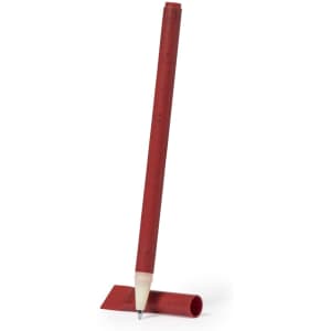 A red plastic pen with a white tip, positioned upright next to its matching cap. The pen features a branding logo.