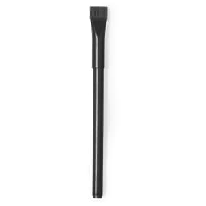 A black plastic pen with a flat tip and a smooth barrel, featuring a simple design and a logo.