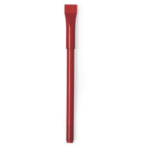 A red plastic pen with a textured grip at the top and a smooth finish throughout. It features a branding logo.