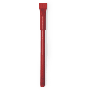 A red plastic pen with a textured grip and a rounded end, featuring a logo.