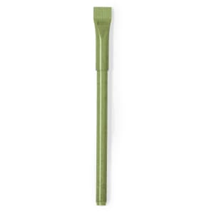 A green plastic pen with a textured grip and a flat writing tip. The pen features a branding logo.