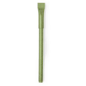 A green plastic pen with a ribbed grip and a tapered end, featuring a branding logo.
