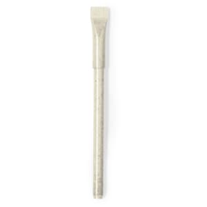 A plastic pen in a metallic silver colour with a flat, textured tip. The pen features a simple design and a logo.