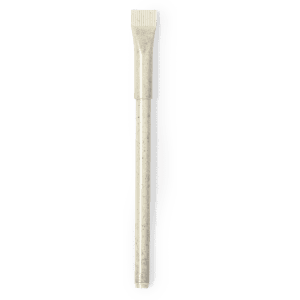 A plastic pen in a light colour with a textured grip and a fine point tip, featuring a logo.