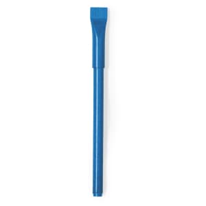 A blue plastic pen with a textured end, featuring a logo on the body.