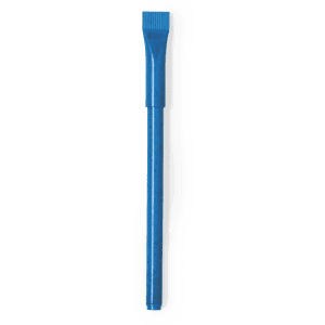 A blue plastic pen with a unique tapered end and a branding logo.